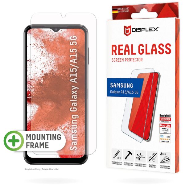 Displex Panzerglas 2D/ Clear (10H) für Samsung A15/A15 5G Eco-Montagerahmen