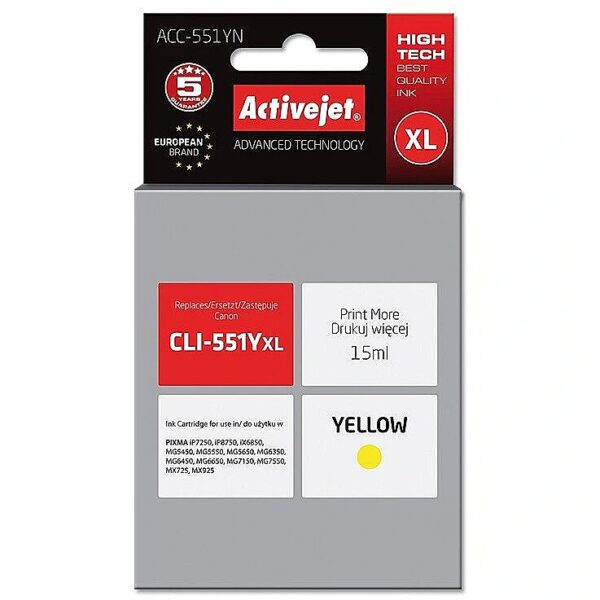 ActiveJet ACC-551YN Ink cartridge (replacement for Canon CLI-551Y; Supreme; 15 ml; yellow) ACC-551YN 5901443017646