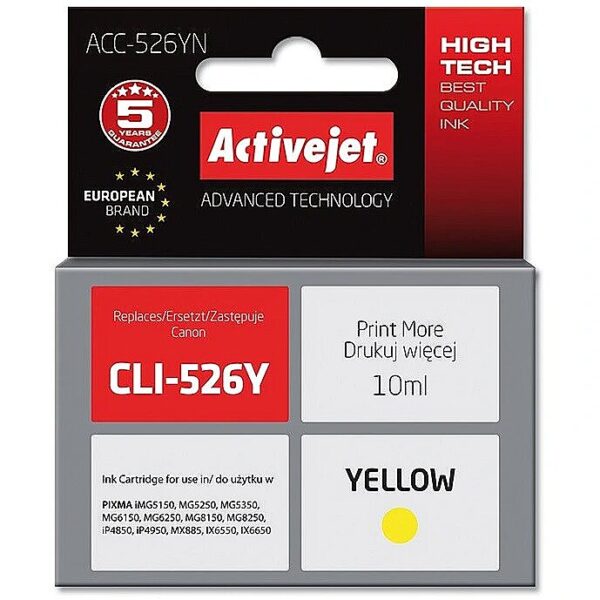 ActiveJet ACC-526YN Ink cartridge (replacement for Canon CLI-526Y; Supreme; 10 ml; yellow) ACC-526YN 5901452155292