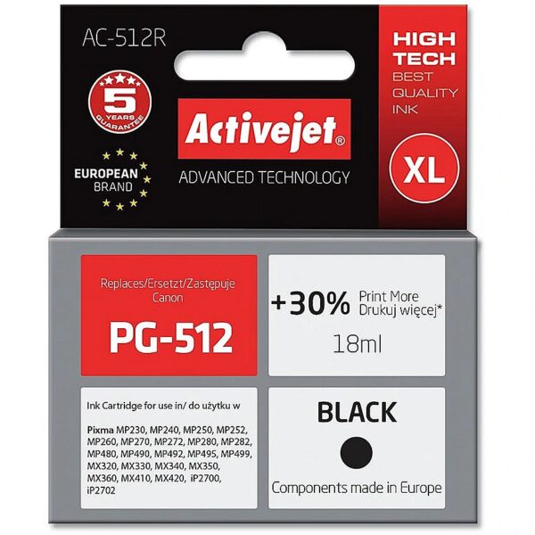 ActiveJet AC-512R Ink cartridge (replacement for Canon PG-512; Premium; 18 ml; black) AC-512R 5901452157937