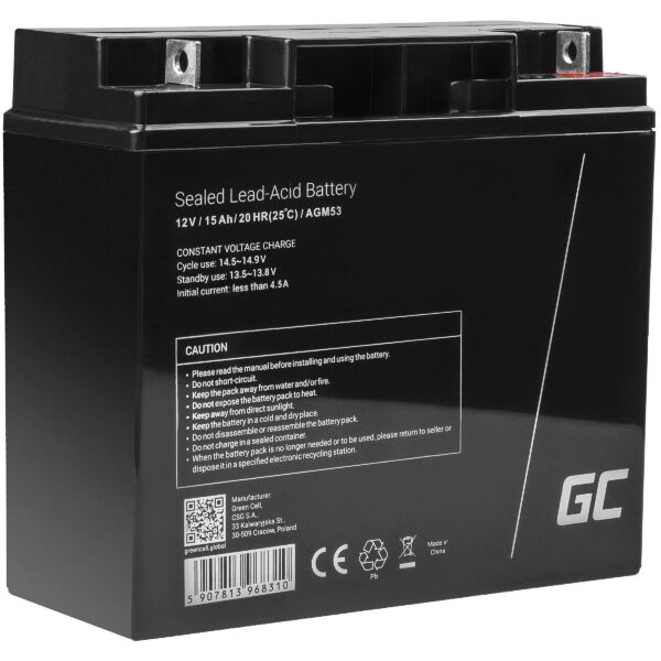 Green Cell AGM VRLA 12V 15Ah maintenance-free battery for the alarm system