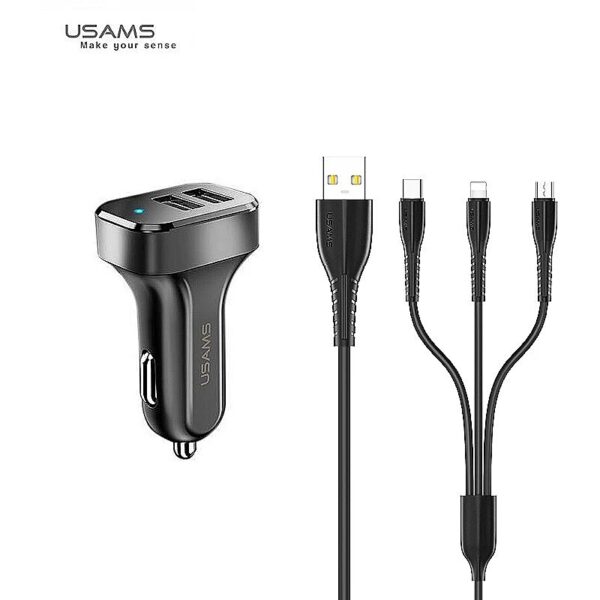 USAMS Universal Dual USB Car Charger 2.1A with 3in1 USB Cable Micro USB / Type-C / Lightning Blac NTU35YTSC13TZ 6958444985992