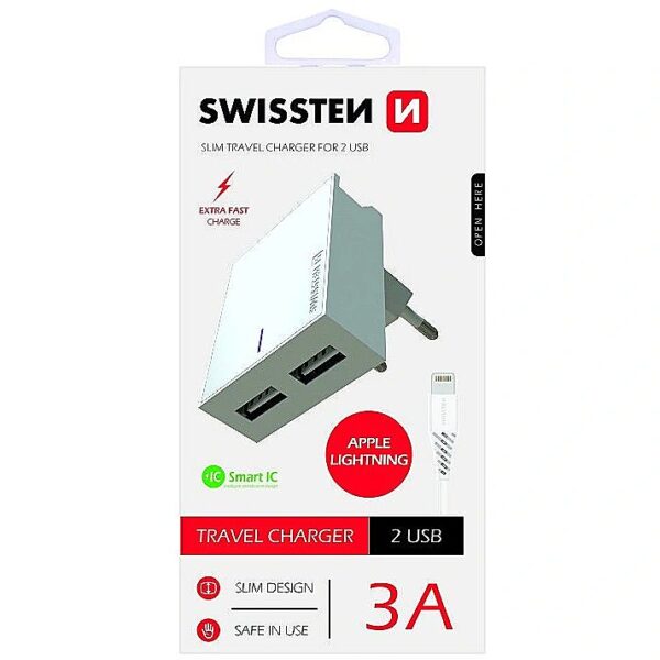 Swissten Premium Travel Charger USB 3А / 15W With Lightning (MD818) Cable 120 cm White SW-DET-3AWCL-WH