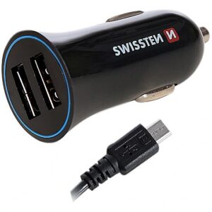 Swissten Premium Car charger 12 / 24V / 1A + 2.1A and Micro USB Cable 150 cm Black SW-CCH-2.4AX2-B 8595217440562