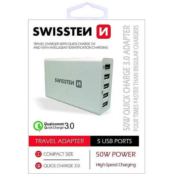 Swissten Qualcomm 3.0 QC Smart IC Premium Travel Charger USB 5x 2.1A  / 50W White SW-TCH-QUAL3.050W-W 8595217445826