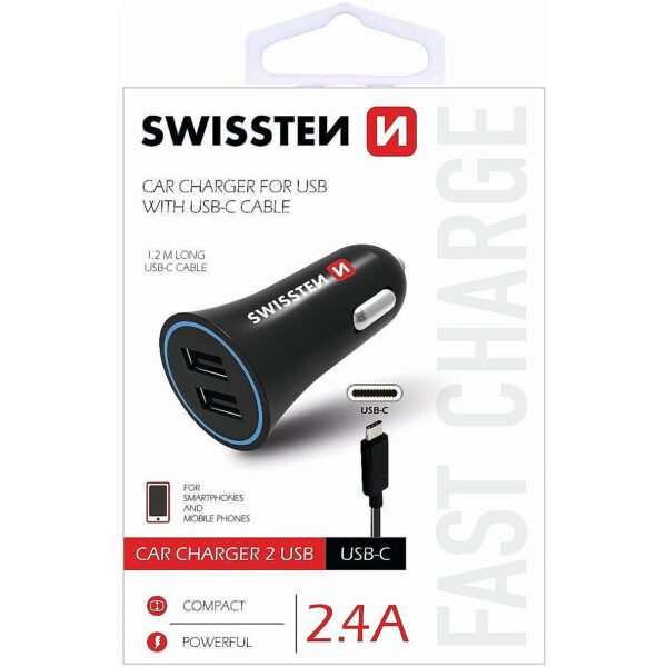 Swissten Premium Car charger 12 / 24V / 1A + 2.1A + USB-C Data Cable 100 cm Black SW-CCH-2.4ATYPC-B 8595217453494