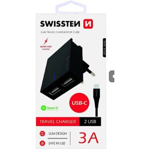 Swissten Premium Travel Charger USB 3А / 15W With USB-C Cable 120 cm Black SW-DET-3AWCUC-B 8595217463288