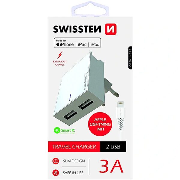 Swissten MFI Premium Apple Certified Travel Charger USB 3А / 15W With Lightning (MD818) Cable 120 cm White SW-DET-3AWCLMFI-WH 8595217463295