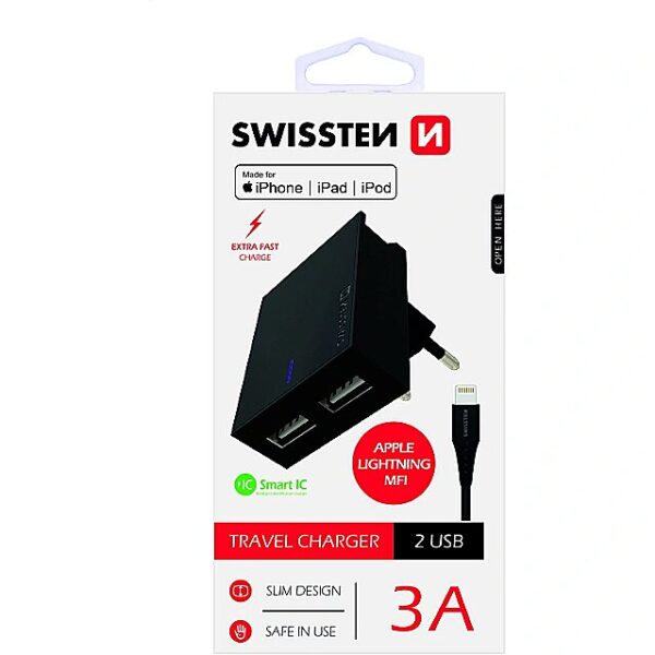 Swissten MFI Premium Apple Certified Travel Charger USB 3А / 15W With Lightning (MD818) Cable 120 cm Black SW-DET-3AWCLMFI-BK 8595217463301