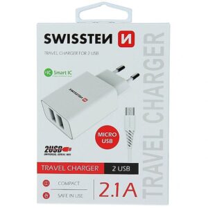 Swissten Smart IC Travel Charger 2x USB 2.1A with Micro USB Cable 1.2 m White SW-SET-2x2.1AWCM-WH 8595217464384