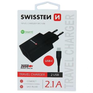 Swissten Smart IC Travel Charger 2x USB 2.1А with USB-C Cable 120 cm Black SW-DET-2.1AWCUC-BK 8595217464414