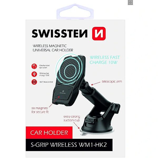 Swissten WM1-HK2 Car Holder With Wireless Charging + Micro USB Cable 1.2m Black WM1-HK2 8595217465107