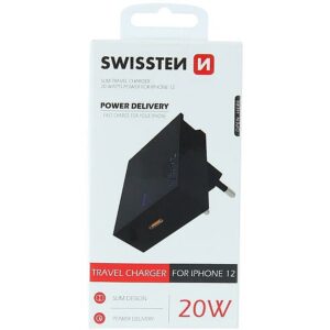 Swissten Premium 20W Mains Charger for all iPhone 12 Series Models Black SW-IPHONE12_20W-BK 8595217471948