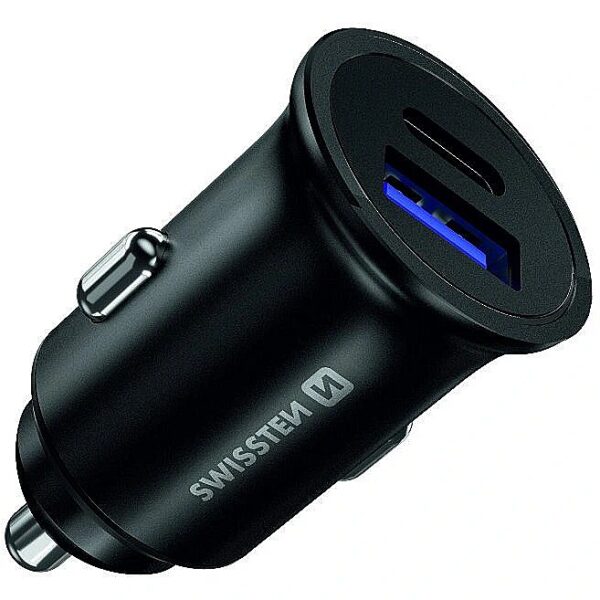 Swissten Metal Car Charger Adapter with Power Delivery USB-C + Quick Charge 3.0 / 36W / Black SW-CCH-ME2-QC3.0-PD-36W-BK 8595217474154