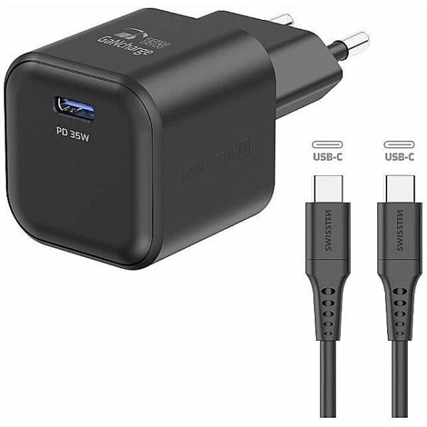 Swissten Travel Charger GaN USB-C 35W PD + Data Cable USB-C - USB-C 1.2m 22070230 8595217484450