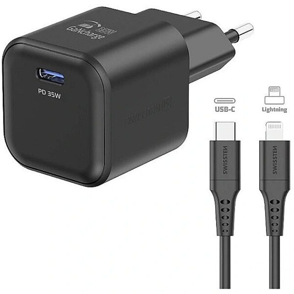 Swissten Travel Charger GaN USB-C 35W PD + Data Cable USB-C - Lightning 1.2m 22070250 8595217484474