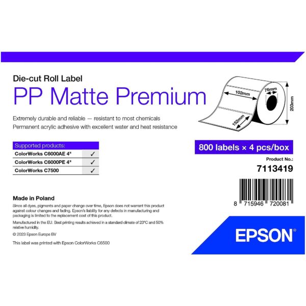 Epson PP MATTE LABEL PREM DIE-CUT ROLL 102X152MM 800 LABELS 7113419 8715946720081