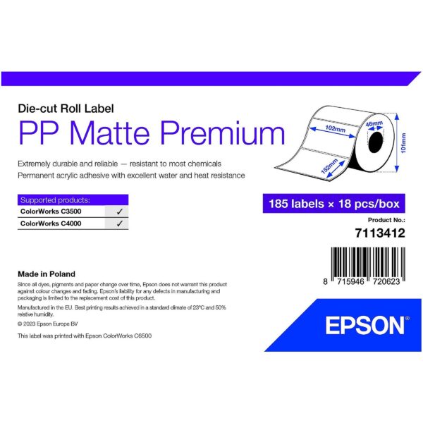 Epson PP MATTE LABEL PREM DIE-CUT ROLL 102X152MM 185 LABELS 7113412 8715946720623