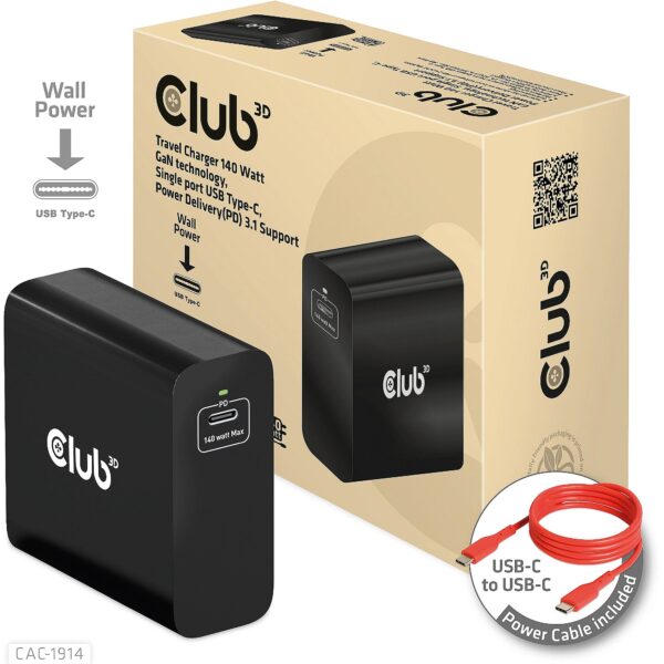 Club3D CLUB 3D Travel Charger 140 Watt GaN technology Single port USB Type-C PD 3.1 Support CAC-1914EU 8719214472689