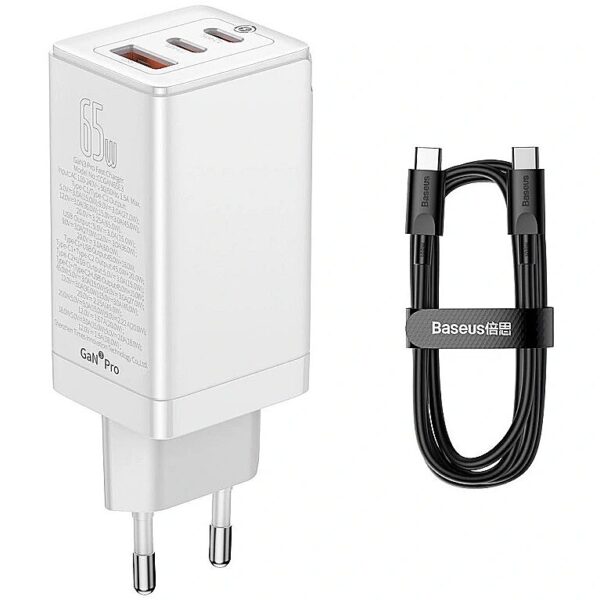 Baseus CCGP050102 GaN3 65W 3A PD QC 3.0 Fast Charge 2x USB-C 1x 65W USB Charger + USB-C 1m Cable White CCGP050102 6932172600518