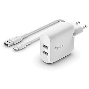 Belkin DUAL USB-A CHARGER W/USB-C CABLE 1M 24W WHITE WCE001VF1MWH 0745883793778