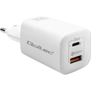 Qoltec 50765 GaN ULTRA 65w charger / 5-20V / 2.25 3.25A / 1 x USB type C PD / 1x USB / White 50765 5901878507651