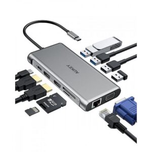 Aukey HUB CB-C78 aluminum USB-C | 12w1 | RJ45 Ethernet 10/100/1000Mbps | 2xUSB 3.1 | 2xUSB 2.0 | 2xHDMI 4k@30Hz | VGA | SD i microSD | USB-C | USB-C CB-C78 5902666662149