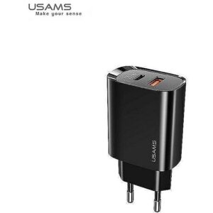 USAMS US-CC121 Wall Charger 20W with 2 prts USB-C Plug (Type-C) PD3.0 Fast Charging and USB Quick charger designed for iPhone 11 / 12 Black CC121TC02 6958444929330