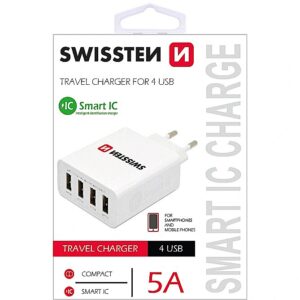 Swissten Smart IC Travel Charger USB 4x 2.1A  / 25W / 5A With Automatic Optimal Power Charging SW-TCH-5AIC-W 8595217455139