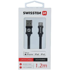 Swissten (MFI) Textile Fast Charge 3A Lightning (MD818ZM/A) Data and Charging Cable 1.2m Black SW-MFI-LIGH-3A-1.2M-BK 8595217455184