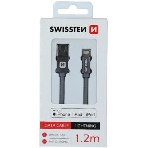 Swissten (MFI) Textile Fast Charge 3A Lightning (MD818ZM/A) Data and Charging Cable 1.2m Grey SW-MFI-LIGH-3A-1.2M-GR 8595217455757