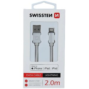 Swissten (MFI) Textile Fast Charge 3A Lightning (MD818ZM/A) Data and Charging Cable 2.0m Silver SW-MFI-LIGH-3A-2M-SI 8595217455818