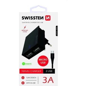 Swissten Premium Travel Charger USB 3A / 15W With Micro USB Cable 120 cm Black SW-DET-2.1AWCM-BK 8595217463271