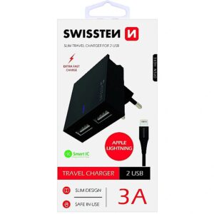 Swissten Premium Travel Charger USB 3А / 15W With Lightning (MD818) Cable 120 cm Black SW-DET-3AWCL-B 8595217463325