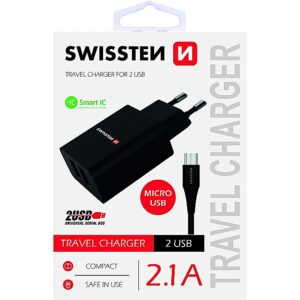 Swissten Premium Travel Charger USB 2.1A / 10.5W With Micro USB Cable 120 cm Black SW-DET-2.1AWCM-B 8595217464391