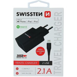 Swissten Smart IC Travel Charger 2x USB 2.1A with Lightning MFI (MD818) Cable 1.2 m Black SW-SET-2X2.1AWCLIH-MFI-BK 8595217464438