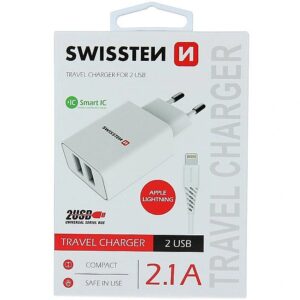 Swissten Smart IC Travel Charger 2x USB 2.1A with Lightning (MD818) Cable 1.2 m White SW-SET-2X2.1AWCLIH-WH 8595217464445