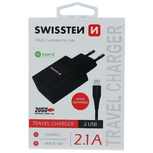 Swissten Smart IC Travel Charger 2x USB 2.1A with Lightning (MD818) Cable 1.2 m Black SW-SET-2X2.1AWCLIH-BK 8595217464452