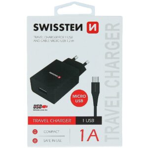 Swissten Travel Charger Smart IC USB 1A + Data Cable USB / Micro USB 1.2m 22062000 8595217464490