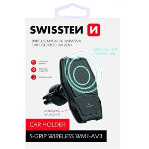 Swissten WM1-AV3 Air Vent Car Holder With Wireless Charging + Micro USB Cable 1.2m Black WM1-AV3 8595217465091