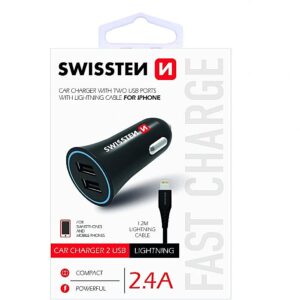 Swissten Premium Car charger 12 / 24V / 1A + 2.1A + Lightning Data Cable 100 cm Black SW-CCH-2.4ALIG-B 8595217467514