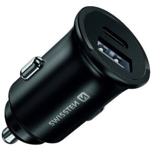 Swissten 30W  iPhone / iPad Metal Car Charger Adapter with 20W Power Delivery USB-C + 10W USB  / Black SW-CCH-ME-PD-20W-BK 8595217475748