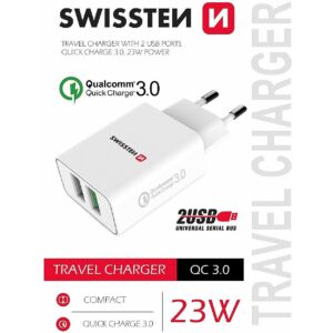 Swissten Premium Travel Charger 2x USB / QC3.0 23W White SW-T-23W-QC30-W 8595217475915