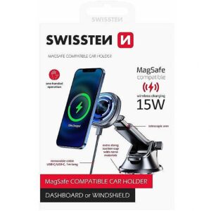 Swissten Magnetic Car Holder with Wireless Charger 15W (MagSafe compatible) 65010610 8595217479753