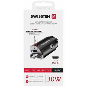 Swissten Nano Metal Car Charger Adapter 2xUSB-C with 30W PD / SCP 20111800 8595217479883