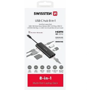 Swissten 8in1 USB-C Hub Aluminium USB-C 100W / HDMI 4K / LAN RJ45 / 2x USB-A / USB-C / SD / MICRO SD 44040203 8595217487369