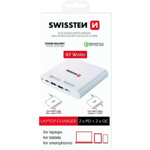 Swissten Travel Charger Notebooks and MacBook / 87W / PD3.0 / QC3.0 / PPS / White SW-TCH-87W-PD30-QC30-W 8595217495265